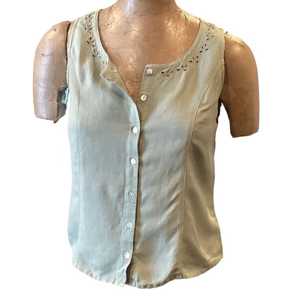 Linen Blend Sleeveless Button Up Top Eyelet Cutouts Neck S by Cherokee #1P - Picture 3 of 8
